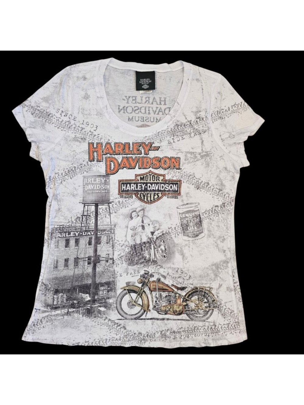 Womens Harley Davidson All Over Print Fitted Tshirt White Sz XXL Vneck